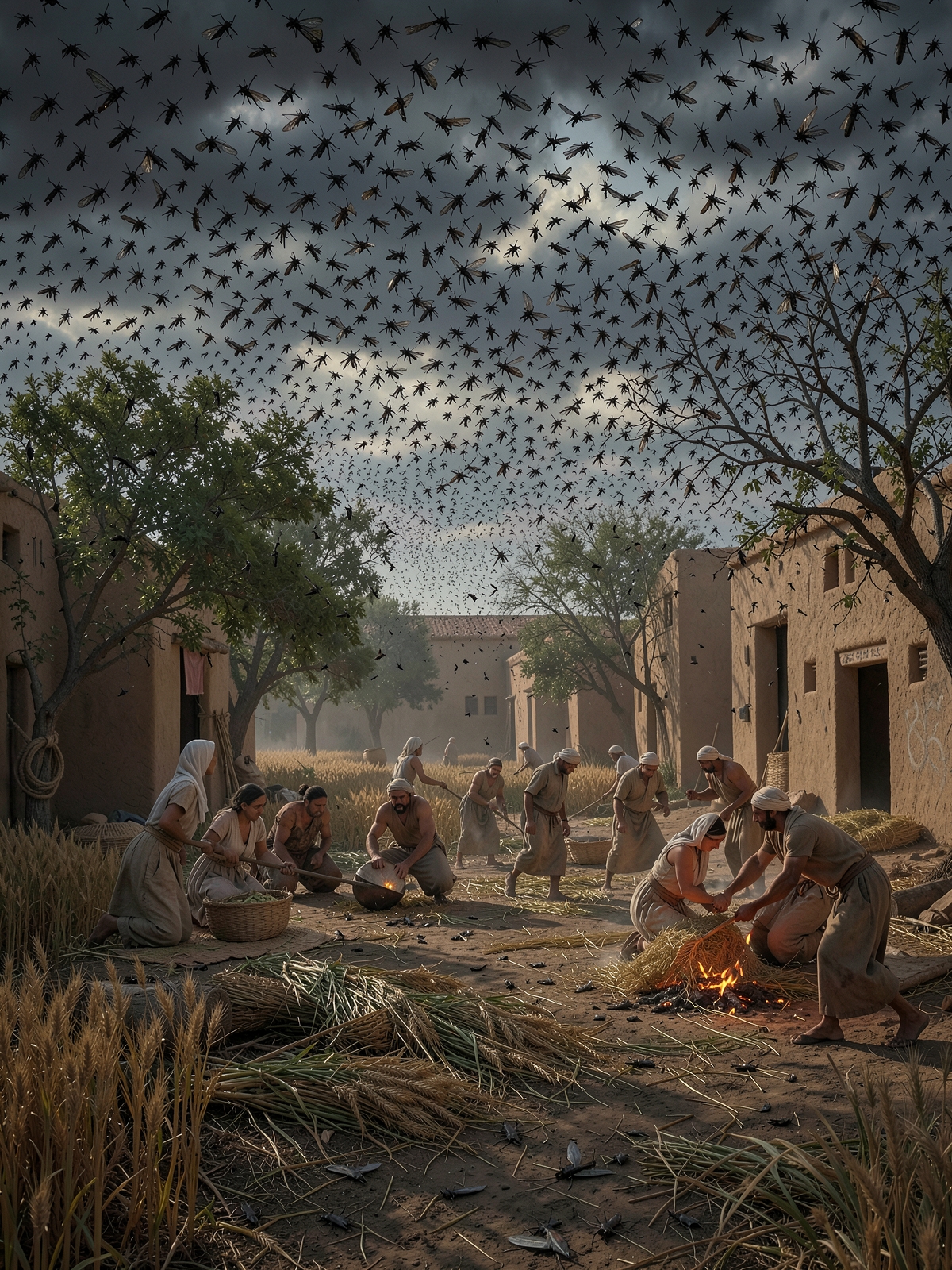 Locusts strip what the hail left — SacraScenes visual interpretation