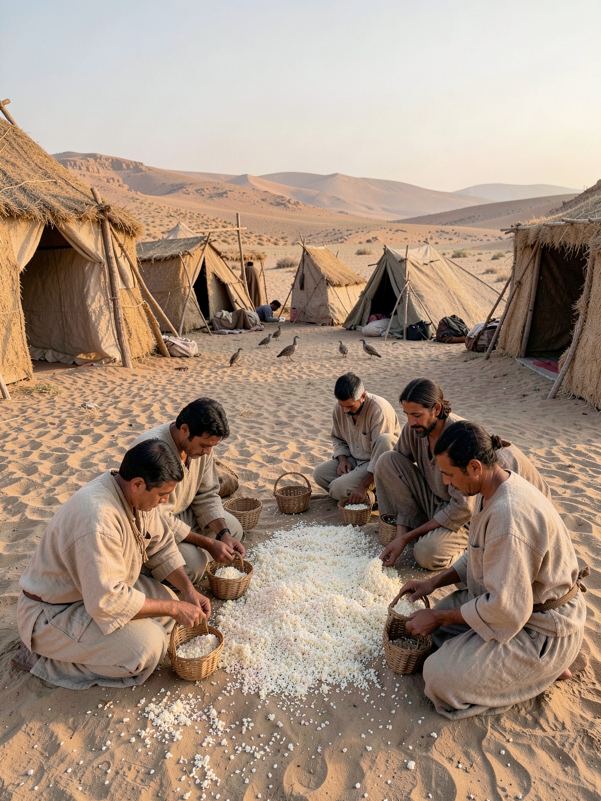 Quail arrive and manna appears with the dew — SacraScenes visual interpretation