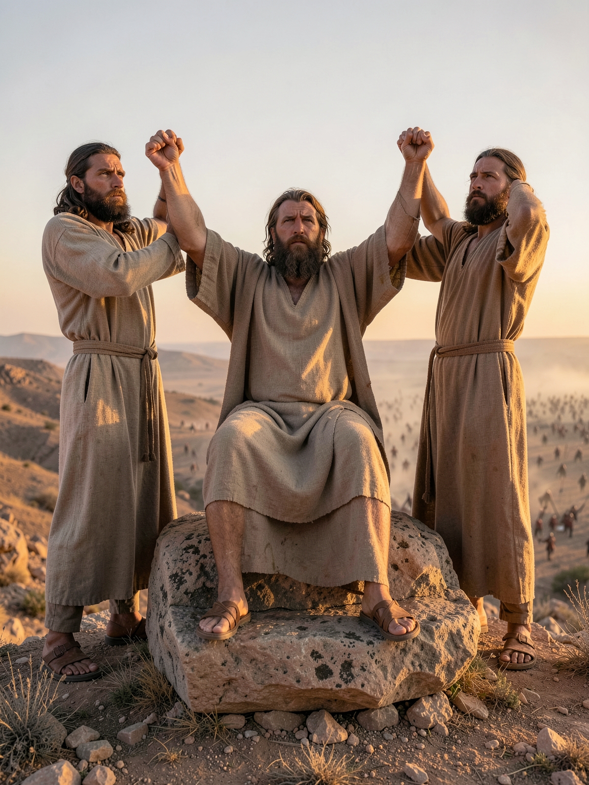 Aaron and Hur support Moses’ raised hands — SacraScenes visual interpretation