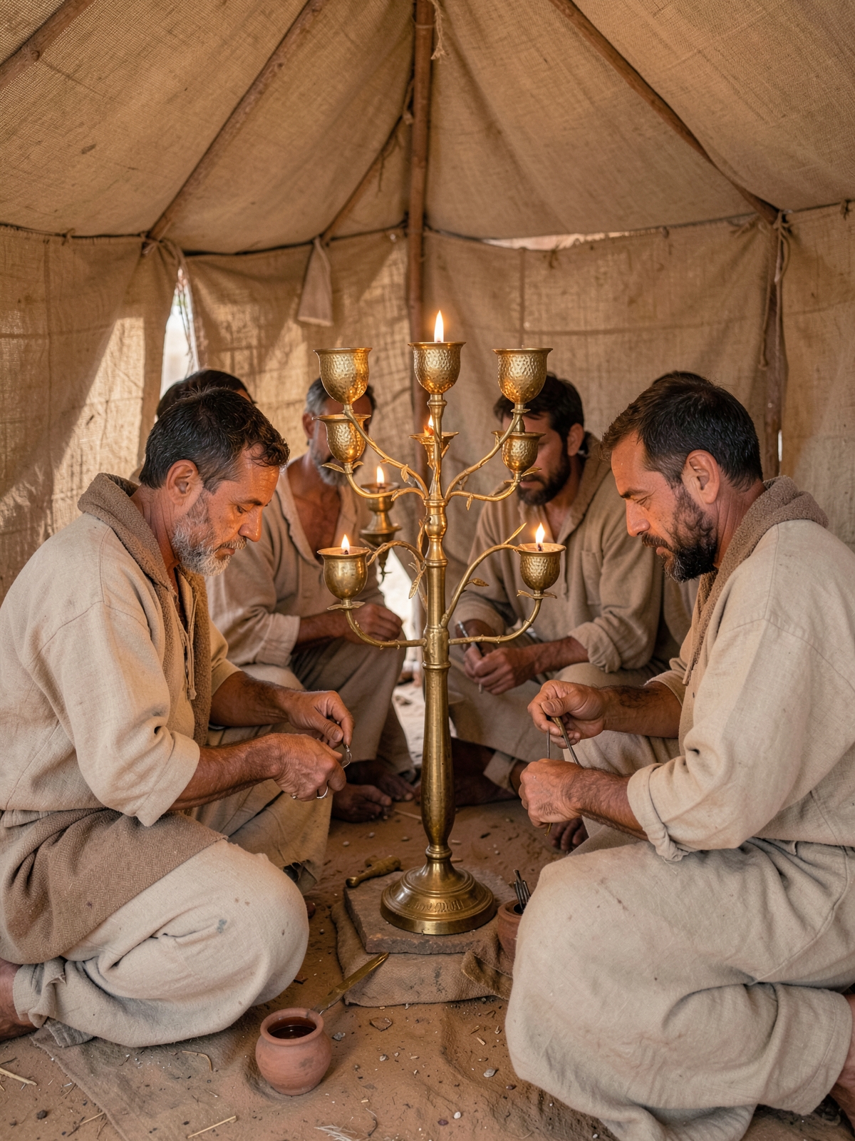 The lampstand is hammered from one piece of gold — SacraScenes visual interpretation