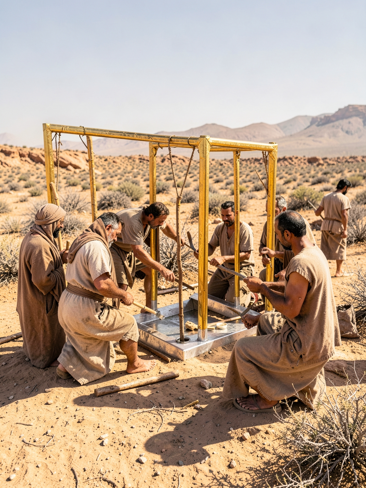 Wooden frames and sockets give the sanctuary structure — SacraScenes visual interpretation
