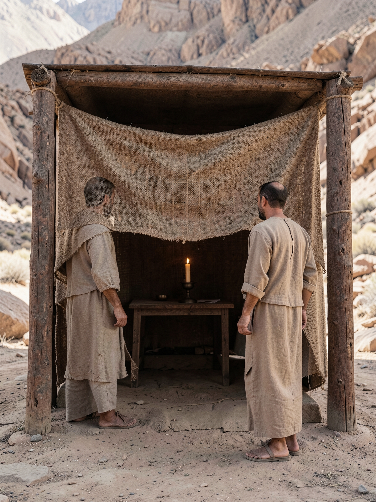 A veil marks the inner sacred boundary — SacraScenes visual interpretation