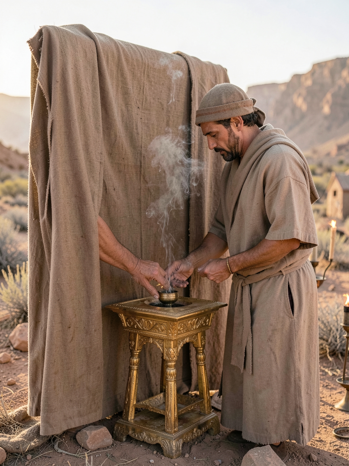 A small altar is reserved for fragrant incense — SacraScenes visual interpretation