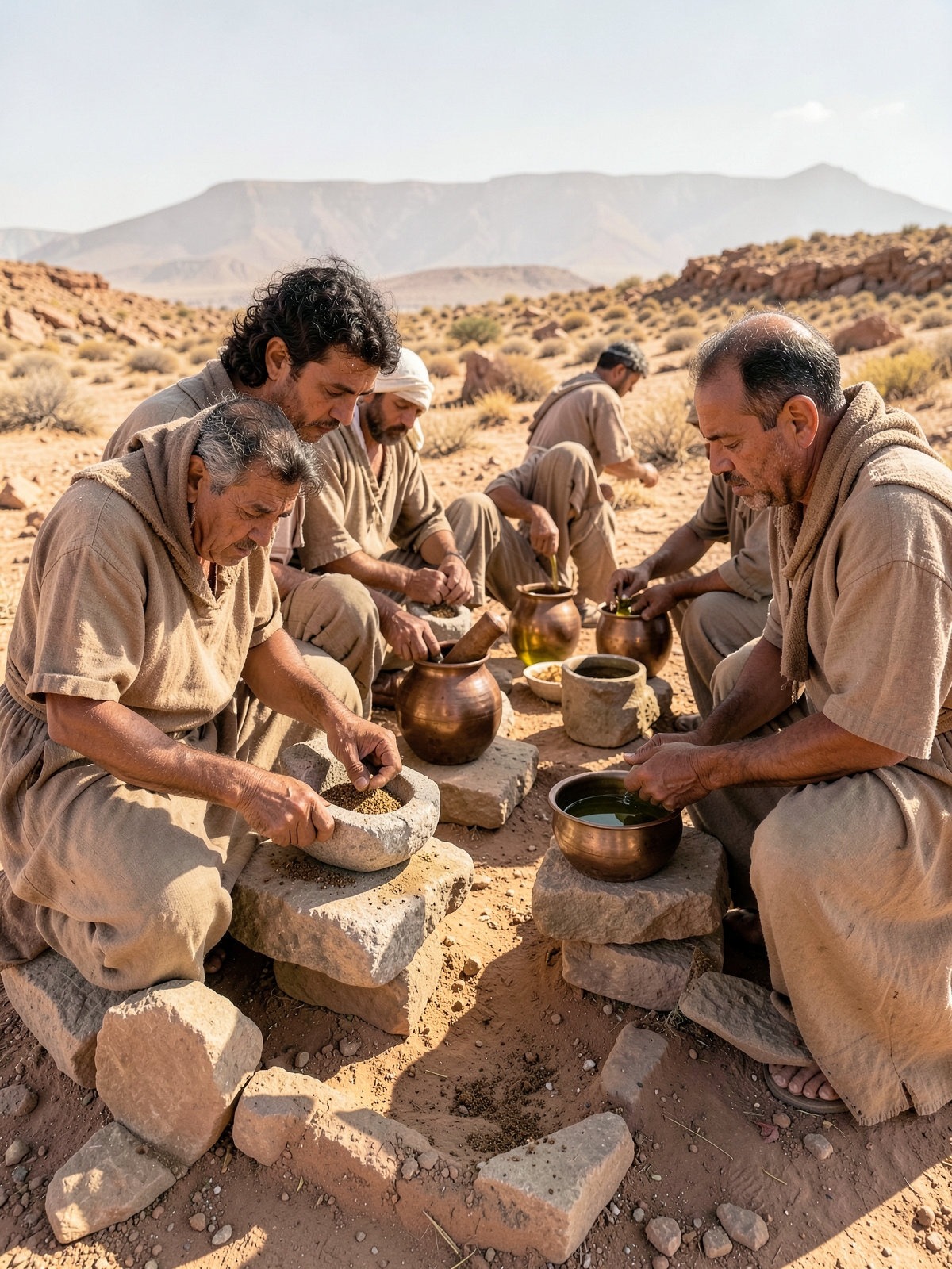 Sacred oil and incense are prepared from measured ingredients — SacraScenes visual interpretation