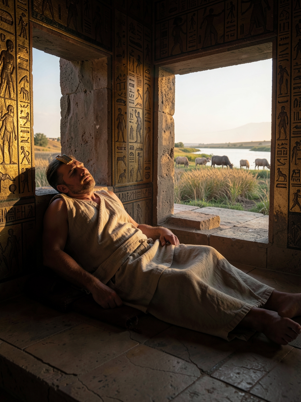 Pharaoh wakes troubled by two dreams — SacraScenes visual interpretation