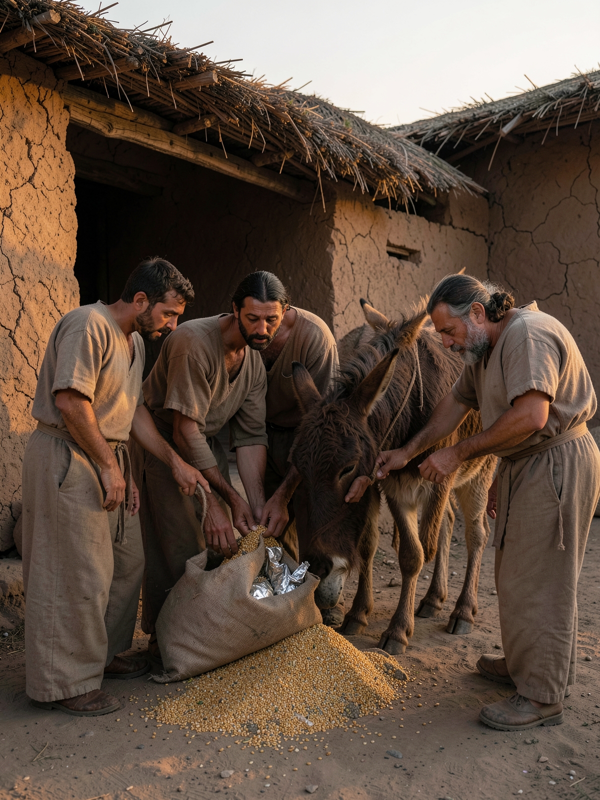 Money appears in the grain sacks — SacraScenes visual interpretation